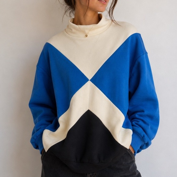 Talbots Sweaters - Talbots‎ 2X Colorblock Cowl Neck Sweatshirt Blue Cream Plus Size Preppy Coastal